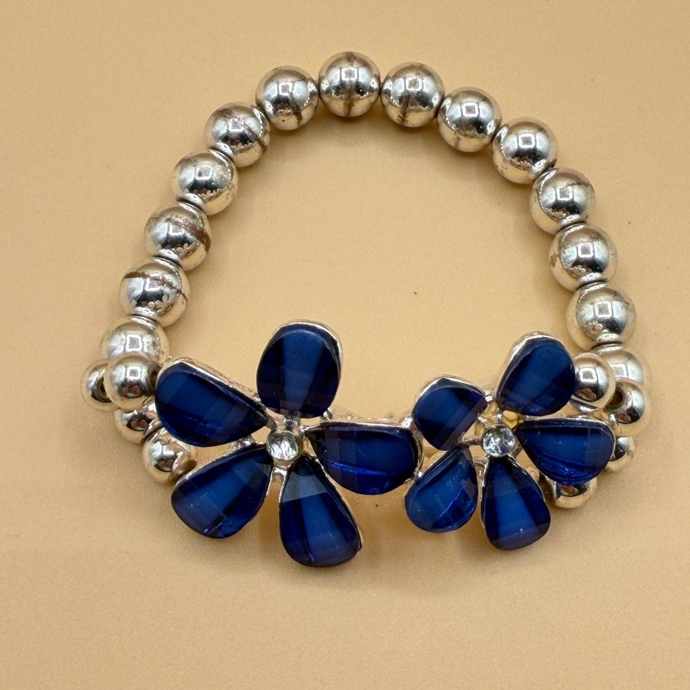 Silver Tone Blue Floral Bead Bracelet Rhinestone Chunky Statement Jewelry Gift